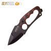 Photo of the Shark Tooth Hunter black powder coat knife with red black G10 scales. Made for survivalists, hunters and campers by SLYSTEEL.