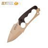 Photo of the Shark Tooth Hunter tan powder coat knife with black G10 scales. Made for survivalists, hunters and campers by SLYSTEEL.