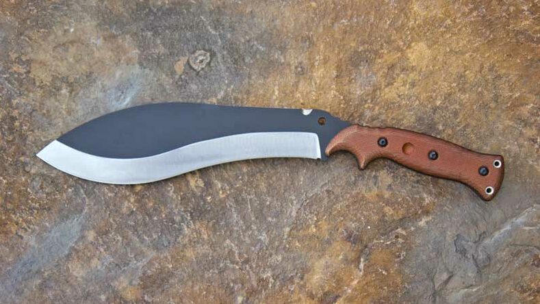 Survival Kukri with black Cerakote, clean primary grind and tan Micarta handles.